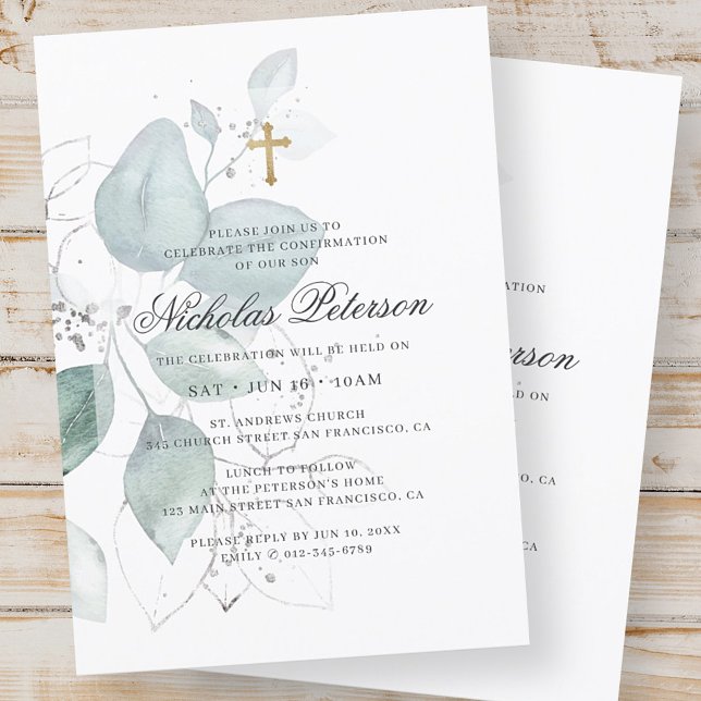 Confirmation For Him | Modern Foliage Gold Cross Invitation (Creator Uploaded)
