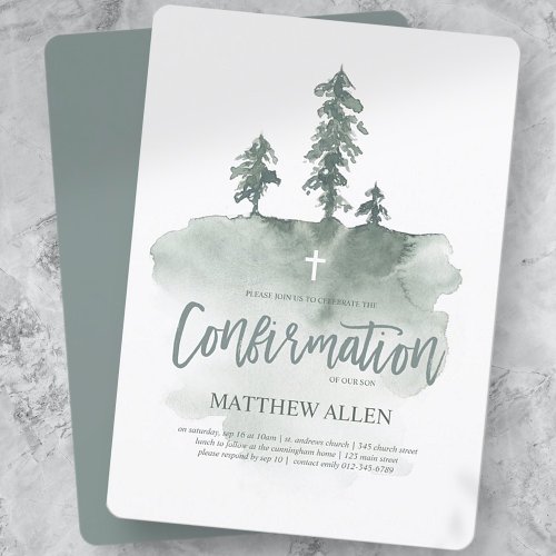 Confirmation For Him  Watercolor Pine Trees Invitation