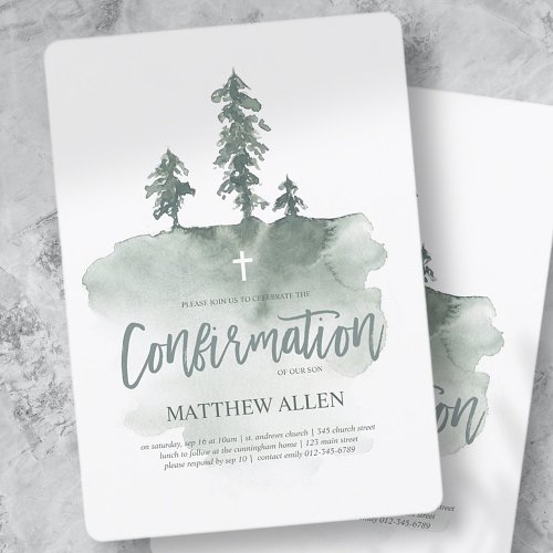 Confirmation For Him  Watercolor Pine Trees Invitation