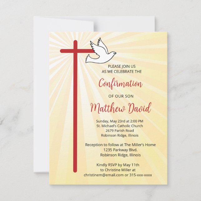 Confirmation for Son Cross Dove Gold Rays Invitation (Front)