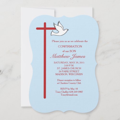 Confirmation for Son with Cross and Dove Blue Invitation
