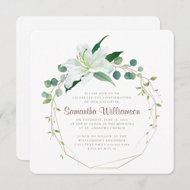 Confirmation Geometric and Modern White Floral Invitation (Front/Back)