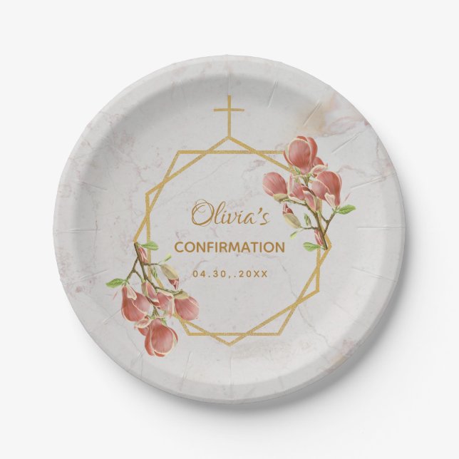 Confirmation Girl Marble Pink Magnolia Geometric Paper Plates (Front)