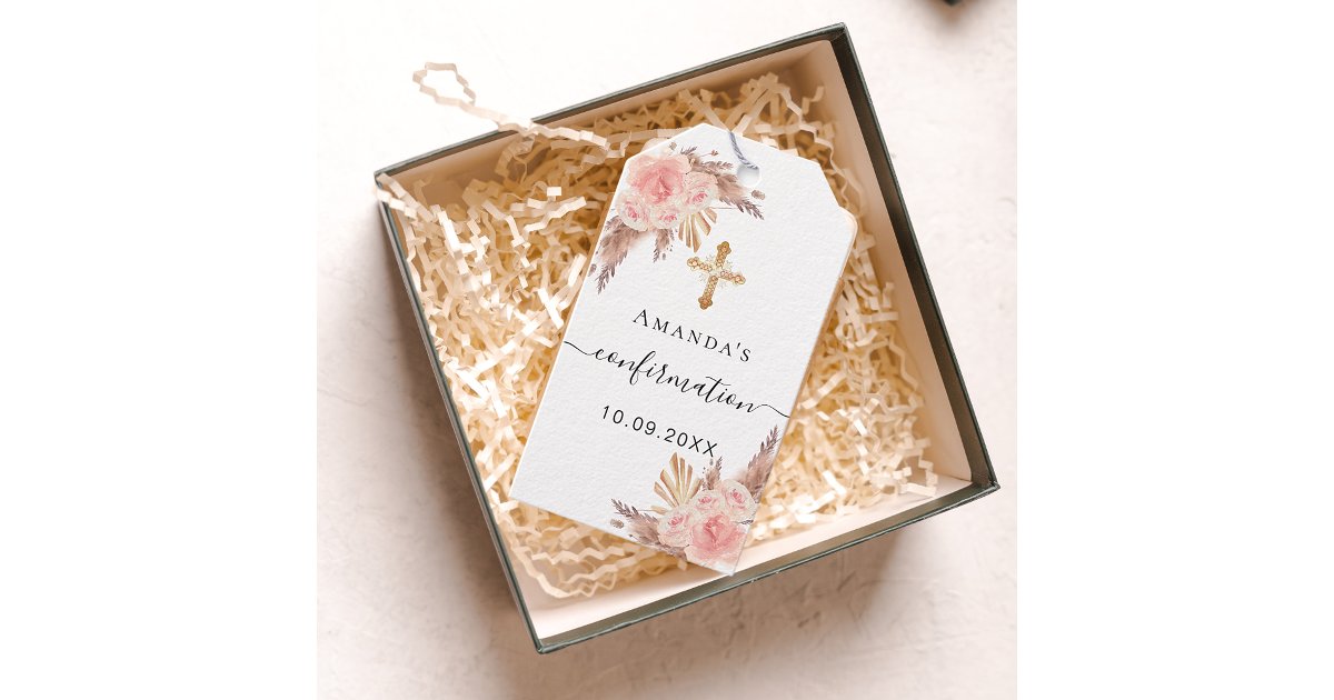 Confirmation girl pampas grass blush thank you gift tags | Zazzle
