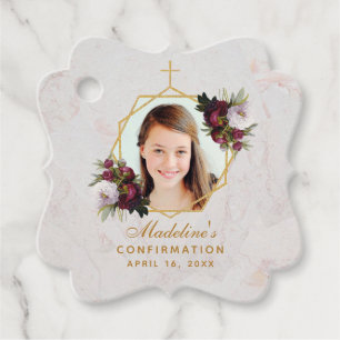 Confirmation Girl Photo Burgundy Peonies Gold Favor Tags