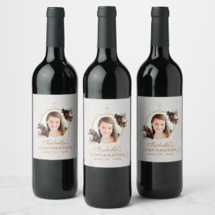 Confirmation Girl Photo Floral Burgundy Peonies Wi Wine Label