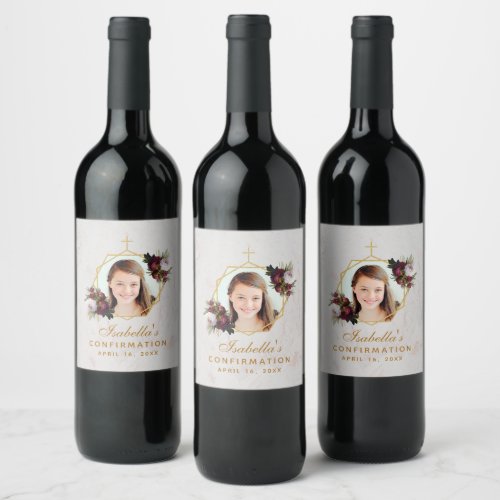 Confirmation Girl Photo Floral Burgundy Peonies Wi Wine Label