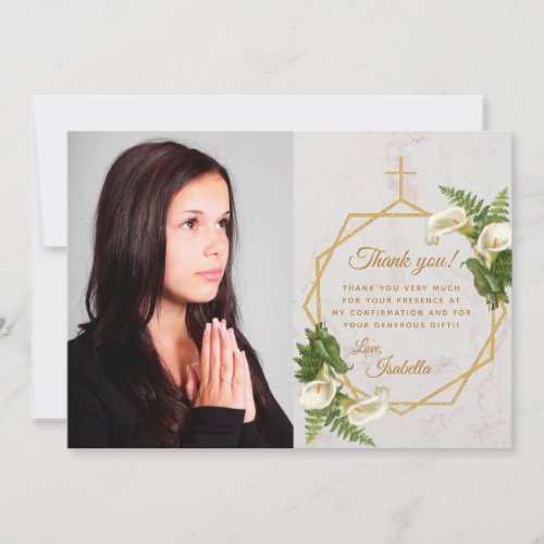 Confirmation Girl Photo Floral Calla Lilies Marble Thank You Card