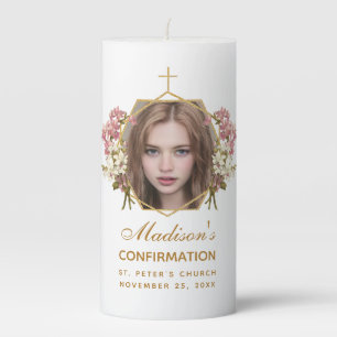 Confirmation Girl Photo Floral Gold Pink Orchids Pillar Candle