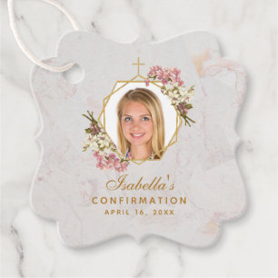 Confirmation Girl Photo Floral Pink Orchids Marble Favor Tags
