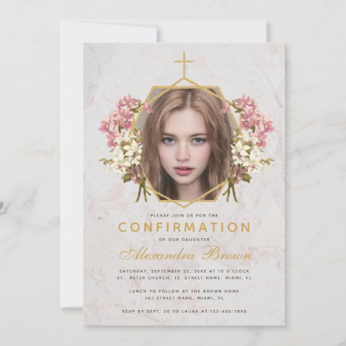 Confirmation Girl Photo Floral Pink Orchids Marble Invitation