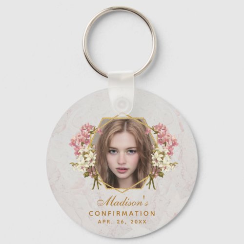 Confirmation Girl Photo Floral Pink Orchids Marble Keychain