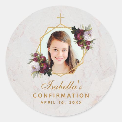 Confirmation Girl Photo Gold Burgundy Peonies  Cla Classic Round Sticker