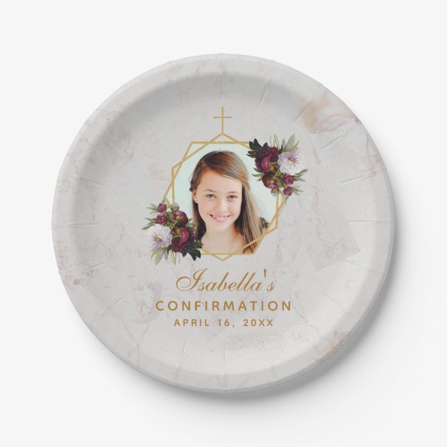 Confirmation Girl Photo Marble Burgundy Peonies Pa Paper Plates (Front)