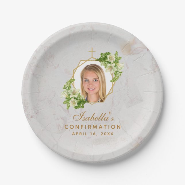 Confirmation Girl Photo Marble White Lilies Gold Paper Plates (Front)