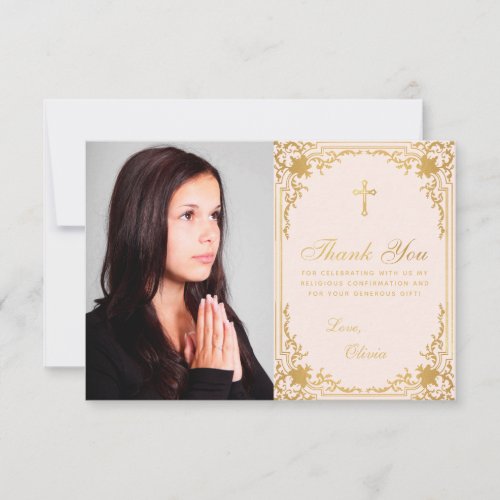 Confirmation Girl Photo Pink Gold Vintage Cross Thank You Card