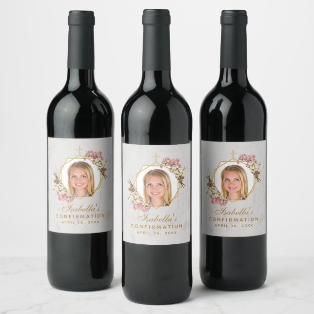 Confirmation Girl Photo Pink Orchids Floral Gold Wine Label (Bottles)