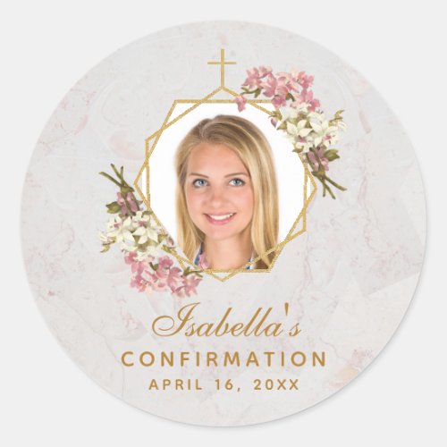 Confirmation Girl Photo Pink Orchids Gold Marble  Classic Round Sticker