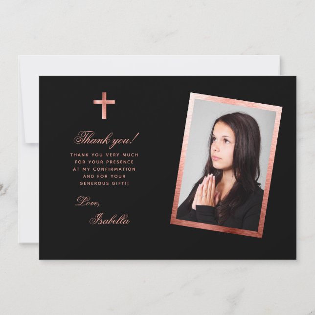 Confirmation Girl Photo Rose Gold Cross Pink Black Thank You Card (Front)