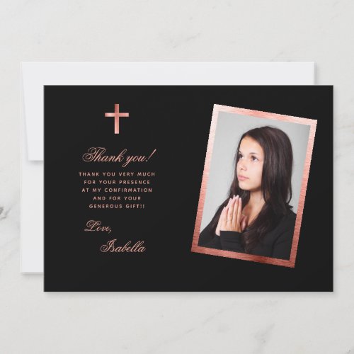 Confirmation Girl Photo Rose Gold Cross Pink Black Thank You Card