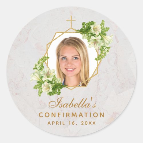 Confirmation Girl Photo White Lilies Marble Gold Classic Round Sticker