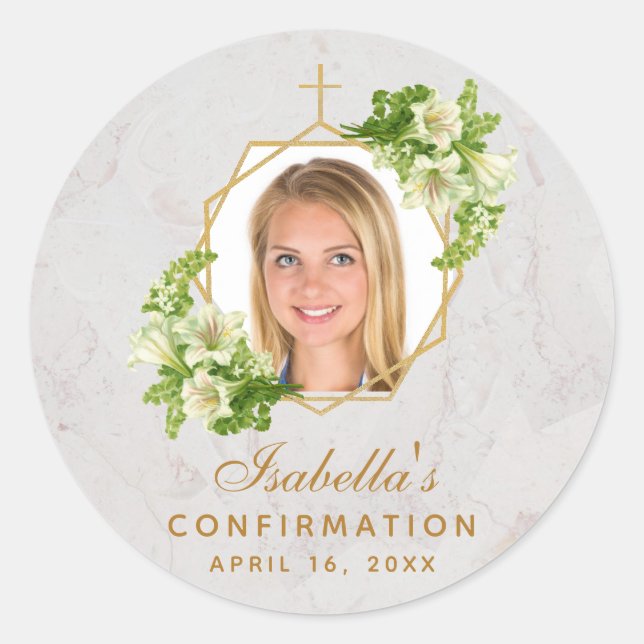 Confirmation Girl Photo White Lilies Marble Gold Classic Round Sticker (Front)