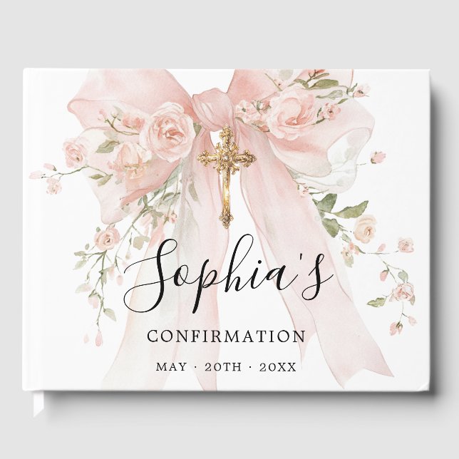 Confirmation Girl Pink Bow Roses Custom Guest Book (Front)