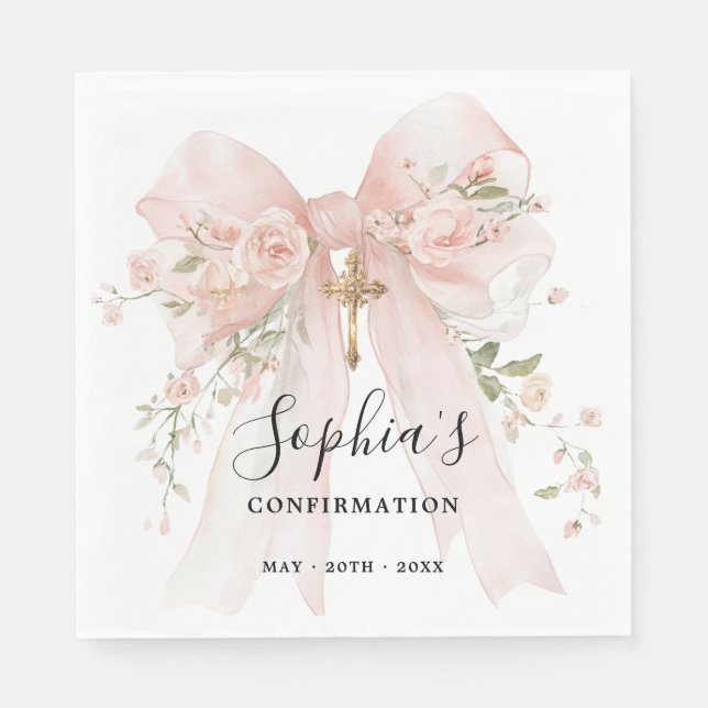 Confirmation Girl Pink Bow Roses Custom Napkins (Front)