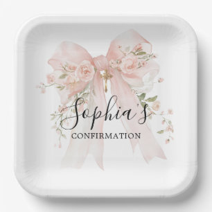Confirmation Girl Pink Bow Roses Paper Plates