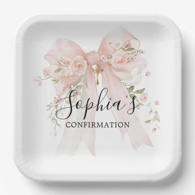 Confirmation Girl Pink Bow Roses Paper Plates (Front)