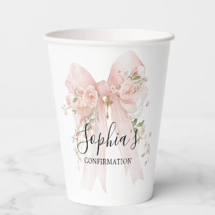 Confirmation Girl Pink Bow Roses Personalized Paper Cups