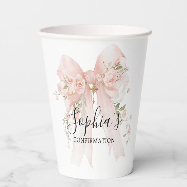 Confirmation Girl Pink Bow Roses Personalized Paper Cups (Front)