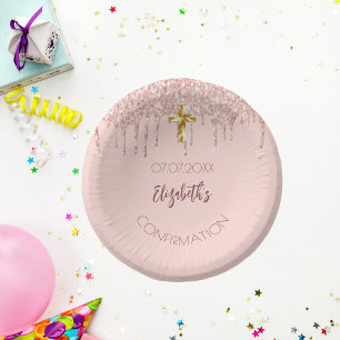Confirmation girl rose gold glitter drips name paper bowls