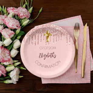 Confirmation girl rose gold glitter drips name paper plates