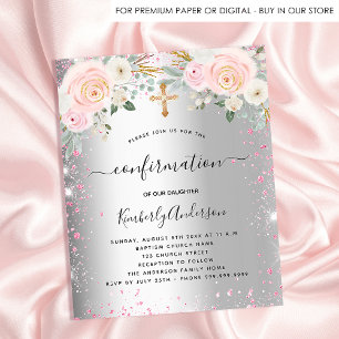 Confirmation girl silver pink floral invitation