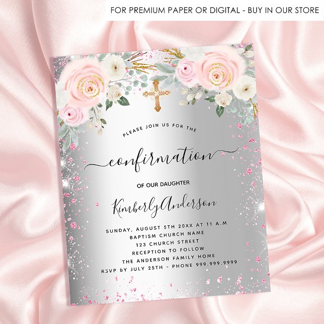 Confirmation girl silver pink floral invitation (Creator Uploaded)