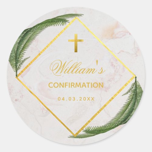 Confirmation Green Fern Faux Gold Marble Elegant Classic Round Sticker