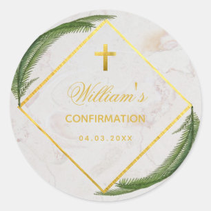 Confirmation Green Fern Faux Gold Marble Elegant Classic Round Sticker