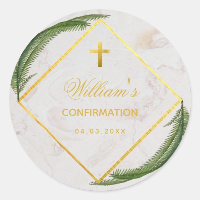 Confirmation Green Fern Faux Gold Marble Elegant Classic Round Sticker (Front)