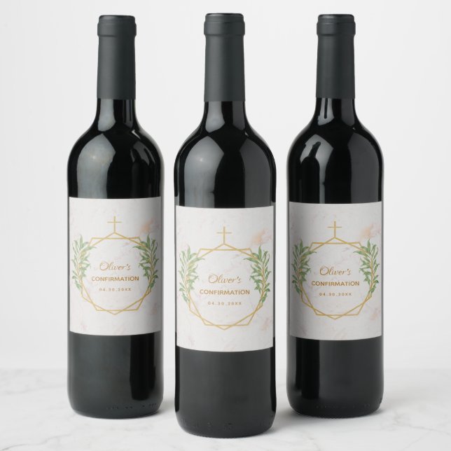 Confirmation Greenery Gold Botanical Geometric Wine Label (Bottles)
