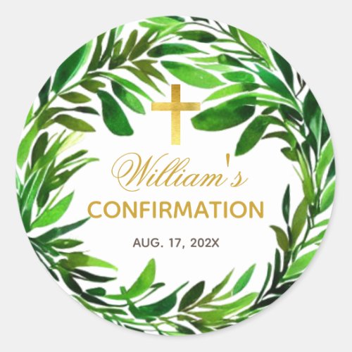 Confirmation Greenery Wreath Botanical Watercolor Classic Round Sticker