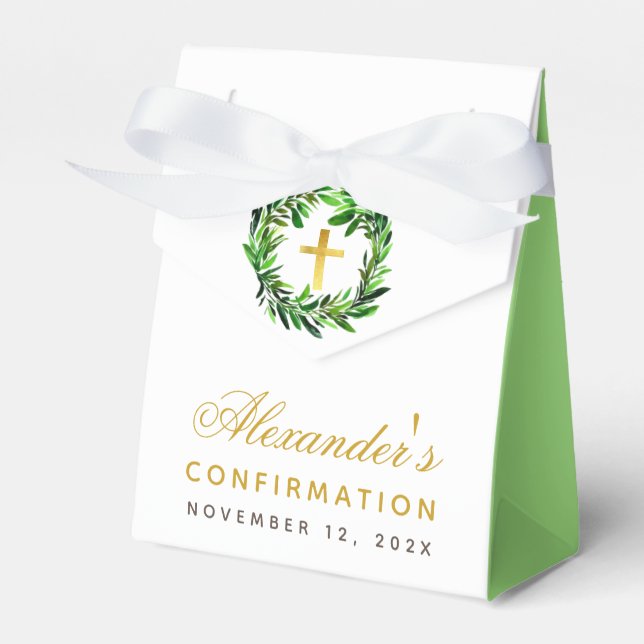 Confirmation Greenery Wreath Cross Gender Neutral  Favor Boxes (Front Side)