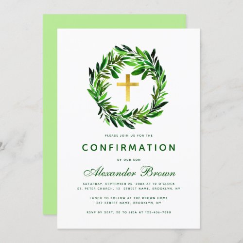 Confirmation Greenery Wreath Gold Cross Botanical Invitation