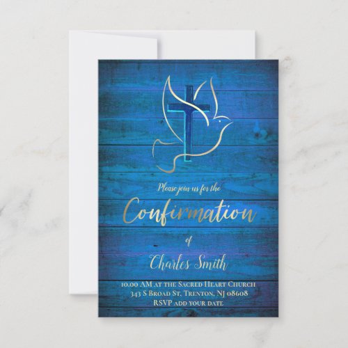 confirmation  Holy Spirit design on blue wood Invitation