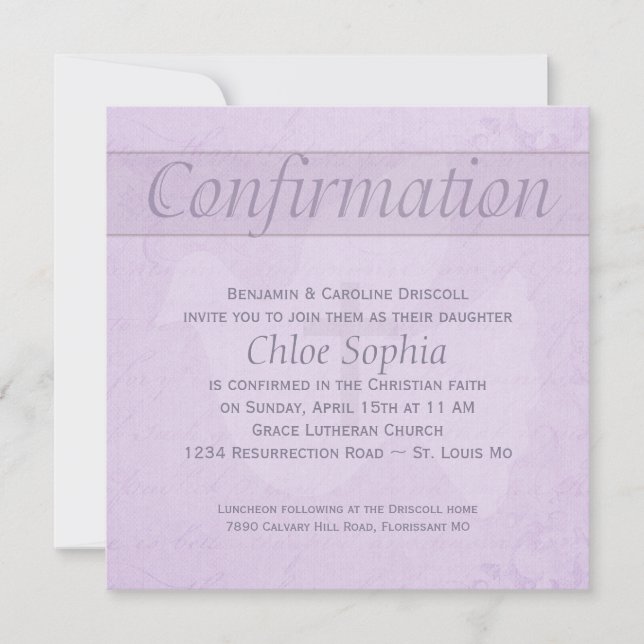 Confirmation Holy Spirit Dove and Cross Lilac Invitation (Front)