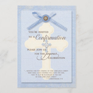 Confirmation Invitation - Blue w/ cross & ribbo