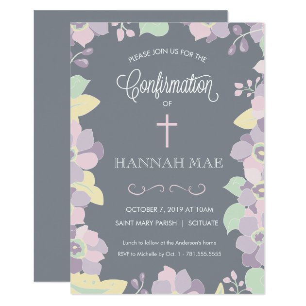 Confirmation Invitation Card With Flowers & Cross