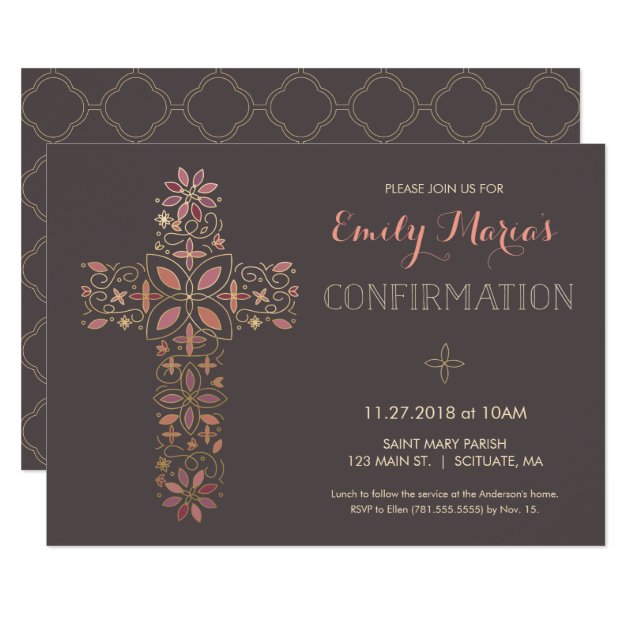 Confirmation Invitation - Gold, Pink Cross Invite