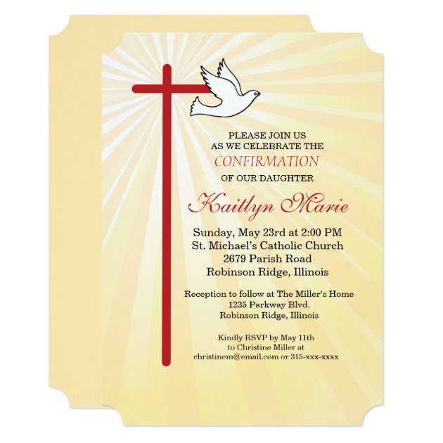 Confirmation Invitation Red Cross & Dove Gold Rays