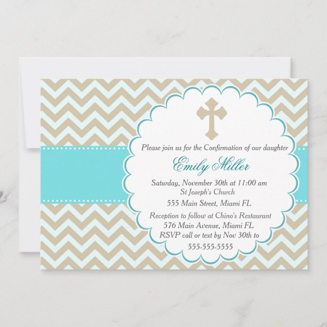 Confirmation Invitation Teal Gold Chevron (Front)